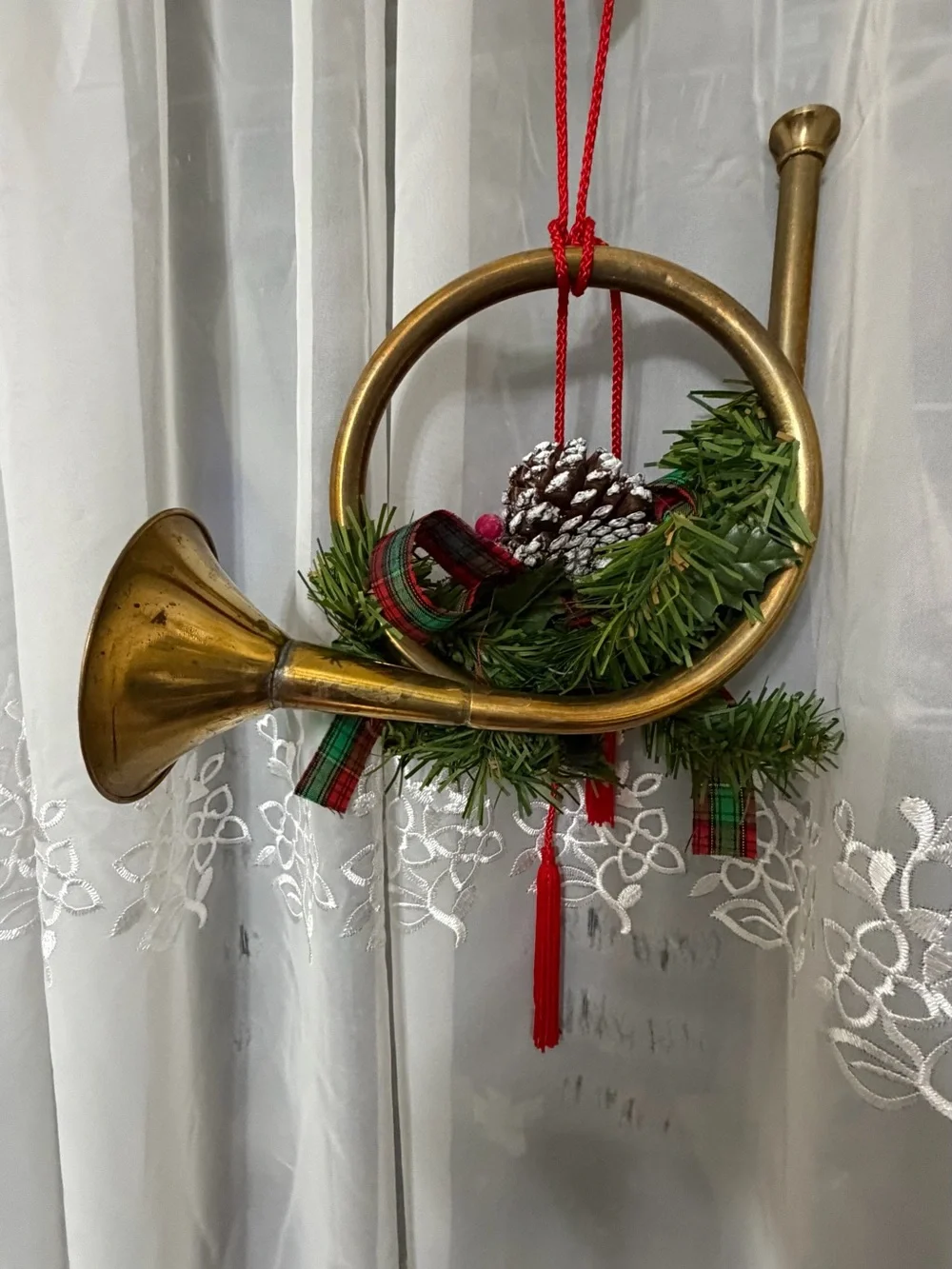 Holiday Brass Horn Ornament with Pinecone and Red Tassel
